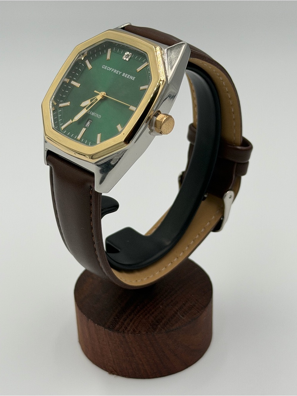 Geoffrey Beene Men’s Diamond Green Dial Two-Tone Watch Brown Leather Strap - Picture 3 of 5